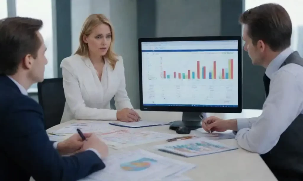 Equipo de negocios analizando gráficos financieros y estrategias de gestión de activos en una reunión.